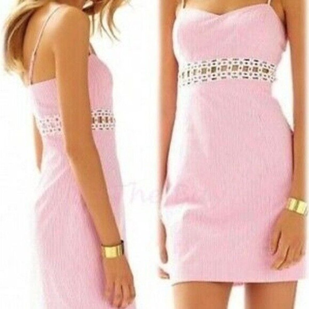 Lilly Pulitzer Pink Seersucker Stripe Sheena Daisy Dress Preppy Size 10 Lined - Picture 15 of 15